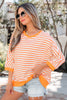 Orange Stripe 3/4 Sleeve Exposed Seam Patchwork Pullover Top