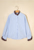 Sky Blue Stripe Ruffled Leopard Patchwork Long Sleeve Button Down Loose Shirt