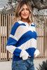Blue Stripe Colorblock Polo Collar Eyelet Crochet Knitted Sweater