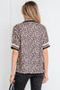 Brown Leopard Print Half Zip Striped Trim Patchwork Short Sleeve Top