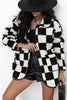 Black Checkered Side Pockets Collared Buttoned Fleece Jacket