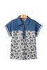 Gray Retro Floral Print Denim Patchwork Buttoned Polo Collar Top