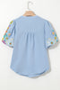 Clearly Aqua Floral Embroidered Puff Sleeve Split Neck Blouse