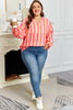 Pink Stripe Crinkled Half Buttons V Neck Plus Size Blouse