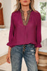 Violet Leopard Trim V Neck Flounced Bracelet Sleeve Blouse