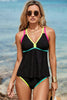 Black Floral Textured Neon Trim V Neck Crisscross Backless Tankini Set
