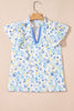 Sky Blue Floral Print Frilled Notched V Neck Blouse