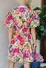 Rose Bright Floral Print Ricrac Trim Striped Patchwork V Neck Dress