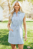 Sky Blue Stripe Collared Button Front Sleeveless Denim Mini Dress