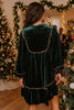Blackish Green Leopard Trim Velvet Long Sleeve Shift Dress