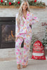 Pink Striped Bow Print Contrast Piping Trim Shirt and Pants 2pcs Pajama Set
