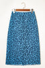 Sky Blue Leopard Denim Frayed Split Denim Midi Skirt