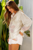 Beige Floral Patched Waffle Textured Colorblock V Neck Casual Hooded Top