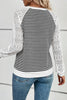 Black Stripe Textured Knit Contrast Hollowed Lace Patchwork Long Sleeve Top