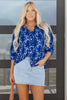 Blue Botanical Print Bracelet Sleeve Notched Neck Blouse