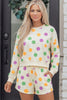 Multicolour Polka Dot Print Drop Shoulder Pullover Drawstring Shorts Set
