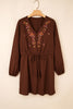 Burgundy Floral Embroidered Tassel Tie Waist Long Sleeve Mini Dress