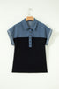 Black Color Block Denim Patchwork Button Polo Collar Short Sleeve Top