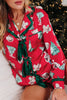 Red Christmas Fashion Print Contrast Ruffle Trim Ribbon Bow Knot 2pcs Pajama Set