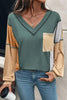 Four Leaf Clover Exposed Stitching Colorblock V Neck Long Sleeve Top