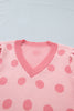 Rose Red Polka Dot Puff Short Sleeve Sweater Top