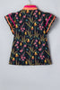 Black Floral Print Contrast Trim Tiered Ruffled Short Sleeve Blouse