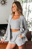 Light Grey 3 Pieces Rib Crop Camisole Matching Shorts Lounge Set with Cardigan
