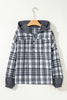 Gray Plaid Patchwork Long Sleeve Button Hooded Blouse