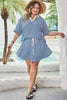 Blue Stripe Short Sleeve Collared V Neck Top Plus Size Skort Set