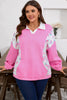 Pink Plus Size Contrast Polo Collar Floral Patchwork Elastic Cuffs Long Sleeve Top