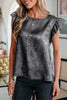 Silvery Metallic Round Neck Ruffle Trim Sleeveless Top