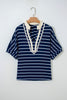 Blue Stripe Stand Collar V Neck Elastic Cuffs Half Sleeve Dolman Top