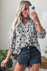 Sky Blue Polka Dot Print Ruffle Stand Neck 3/4 Sleeve Shift Shirt