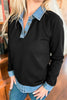 Black Solid Colorblock Long Sleeve V-Neck Plus Size Blouse
