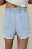 Black Stripe Raw Edge Drawstring Elastic Waist Casual Denim Shorts