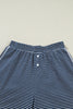 Blue Stripe Drop Shoulder Round Neck Long Sleeve Tee and Buttoned Shorts 2pcs Lounge Set