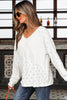 White Twisted Rib Patchwork Embroidered Loose V Neck Long Sleeve Top