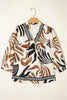 Brown Abstract Print Puff Sleeve Loose Blouse