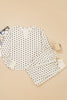 White Polka Dot Print Notched Neck Long Sleeve Top Drawstring Jogger Pants Waffle Knit Lounge Set
