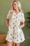 Beige Cute Bowknot Printed Bubble Sleeve V Neck Mini Dress