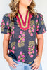 White Plus Size Floral Print Ricrac Striped Trim Short Sleeve Cotton Blouse