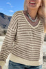 Khaki Stripe Plus Size V Neck Drop Shoulder Sweater
