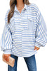 Sky Blue Stripe Half Button Collared Chest Pockets Loose Fit Blouse