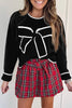 Black Contrast Trim Big Bow Accent Holiday Cropped Sweater