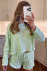 Green Gingham Long Sleeve Loose Top Drawstring Shorts 2pcs Lounge Set