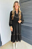 Black Contrast Leopard Trim Split Neck Long Sleeve Casual Midi Dress