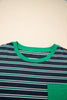 Green Stripe Ribbed Color Block Patchwork Crew Neck Patch Pocket Long Sleeve Top