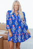 Blue Floral Print Button Detail 3/4 Puff Sleeve Ruffle Hem Dress