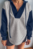 Light Grey Color Block Patchwork V Neck Drawstring Hoodie