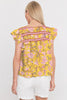 Yellow Floral Notched Neck Ruffled Sleeve Casual Blouse